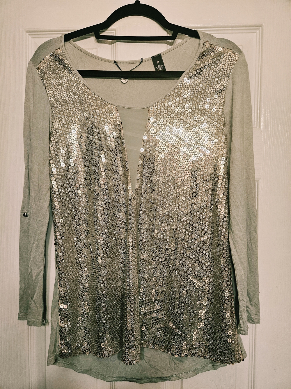 Women's Sequin Front 3/4 Length Sleeve Top - Silver